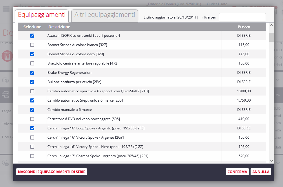 Listini equipaggiamenti nello stock usato